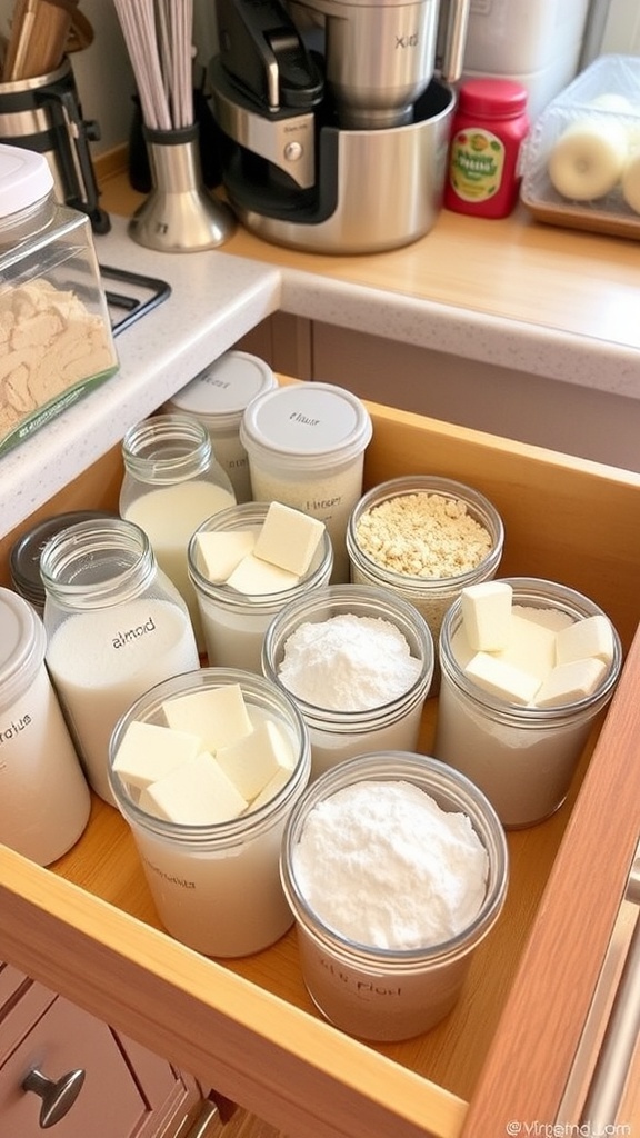 A kitchen drawer with labeled containers of different types of flour, organized for easy access.